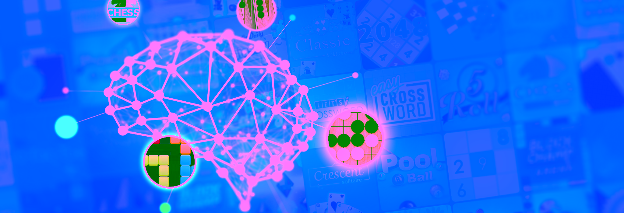 Illustration of a neural network and classic strategy games representing AI and gameplay data
